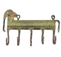 Brass Elephant Five Wall Hooks with Patina