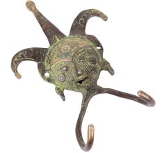 Brass Lady Face Two Wall Hooks with Patina