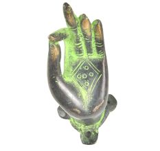 Brass Patina Buddhas Hand with Engraved Lotus Flower Door Pull