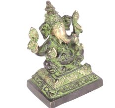 Brass Seated Ganesha Statue with Patina
