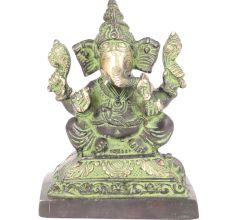 Brass Seated Ganesha Statue with Patina