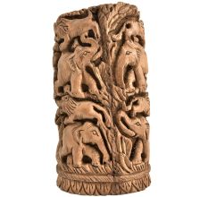 Wooden Block Engraved with Elephants Lions Showpiece
