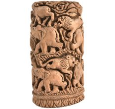 Wooden Block Engraved with Elephants Lions Showpiece