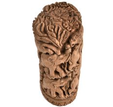 Wooden Block Engraved with Elephants Lions Showpiece
