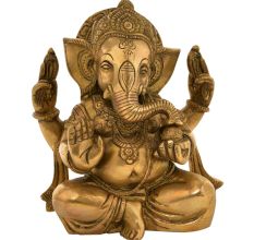 Brass Ganesha with His Trunk on the Modak