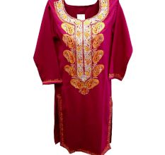 Stiched Cotton Kashmiri Deep Pink Kurti Yellow Pasley Floral Border