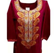 Stiched Cotton Kashmiri Deep Pink Kurti Yellow Pasley Floral Border