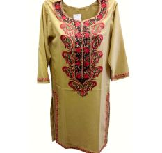 Stiched Cotton Kashmiri Kurti Cream Pink Pasley Floral Border