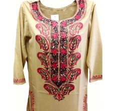 Stiched Cotton Kashmiri Kurti Cream Pink Pasley Floral Border