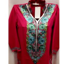Stitched Pink with Blue Roses Embroidered Cotton Kurti 