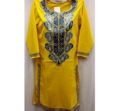 Yellow Stitched Blue Pasley Embroidered Cotton Kurti