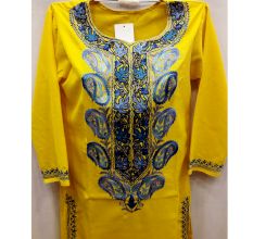 Yellow Stitched Blue Pasley Embroidered Cotton Kurti