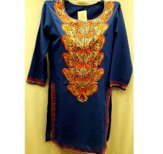Dark Blue Stitched Blue Pasley Embroidered Cotton Kurti