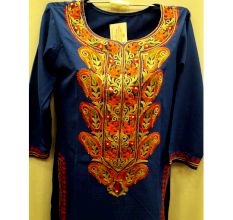 Dark Blue Stitched Blue Pasley Embroidered Cotton Kurti