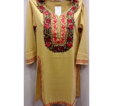 Beige Stitched Red Leaves Embroidered Cotton Kurti