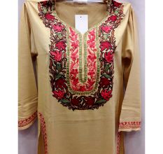 Beige Stitched Red Leaves Embroidered Cotton Kurti