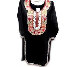 Black Stitched Red Leaves Embroidered Cotton Kurti
