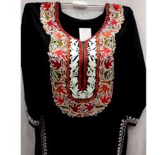 Black Stitched Red Leaves Embroidered Cotton Kurti