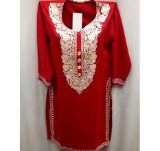 Red Stitched White Floral Embroidered Cotton Kurti