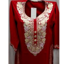 Red Stitched White Floral Embroidered Cotton Kurti