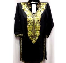 Black Stitched Grass Green Floral Embroidered Cotton Kurti