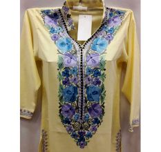 Yellow Stitched Blue Floral Embroidered Cotton Kurti