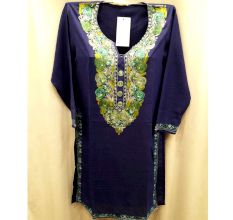 Navy Blue Stitched Green White Floral Embroidered Cotton Kurti