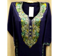 Navy Blue Stitched Green White Floral Embroidered Cotton Kurti