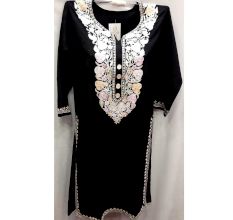 Black Stitched Green White Floral Embroidered Cotton Kurti