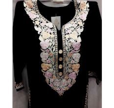 Black Stitched Green White Floral Embroidered Cotton Kurti