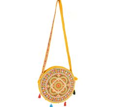 Yellow Hand Embroidered Sling Bag Round Shape