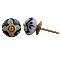 Navy Blue Flower Crackle Ceramic Drawer Knob