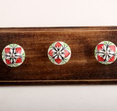 Red Flower Crackle Ceramic Wooden Hooks