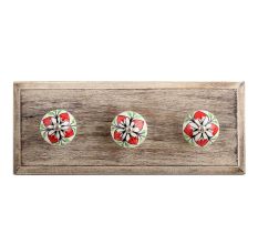 Red Flower Crackle Ceramic Wooden Hooks