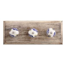 Blue Leaf Crackle Ceramic Wooden Hooks