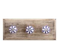Navy Blue Floral Crackle Ceramic Wooden Hooks