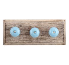 Blue Black Crackle Ceramic Wooden Hooks
