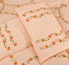 Peach Cotton Orange Petals Embroidered Double Bedsheet with Two Matching Pillow Case