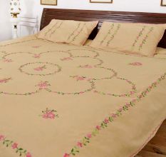 Beige  Cotton Pink Petals Embroidered Double Bedsheet with Two Matching Pillow Cases