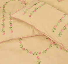 Beige  Cotton Pink Petals Embroidered Double Bedsheet with Two Matching Pillow Cases