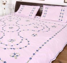 Pearl Blush  Cotton Blue Petals Floral Embroidered Double Bedsheet with Two Matching Pillow Cases