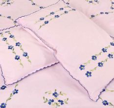 Pearl Blush  Cotton Blue Petals Floral Embroidered Double Bedsheet with Two Matching Pillow Cases