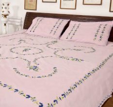 Blush Pink Cotton Embroidered Blue Flowers Double Bedsheet With Two Matching Pillow Covers