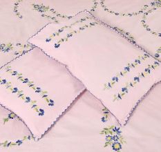 Blush Pink Cotton Embroidered Blue Flowers Double Bedsheet With Two Matching Pillow Covers