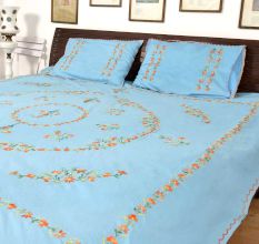 Pale Blue Cotton Embroidered Orange Flowers Double Bedsheet With Two matching Pillow Covers