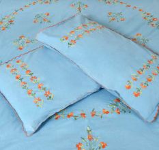Pale Blue Cotton Embroidered Orange Flowers Double Bedsheet With Two matching Pillow Covers