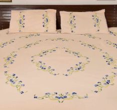 Sun Tan Cotton  Blue Petals Floral Double Bedsheet With Two Matching Pillow Covers