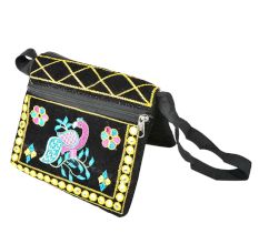 Black Peacock Embroidered Flap Red Canvas Sling Bag