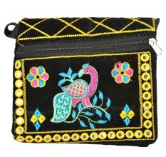 Black Peacock Embroidered Flap Red Canvas Sling Bag
