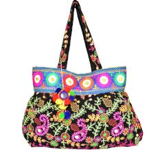 Black Traditional Embroidered Cotton Assorted Handbag